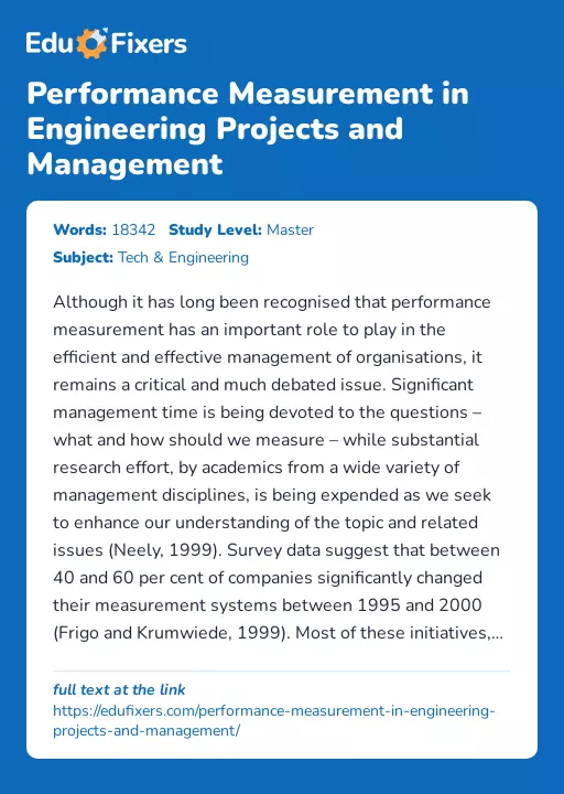 Performance Measurement in Engineering Projects and Management - Essay Preview