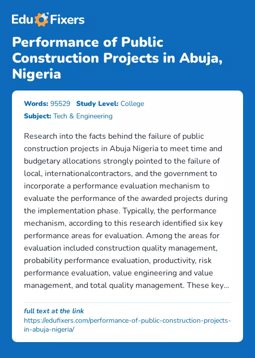 Performance of Public Construction Projects in Abuja, Nigeria - Essay Preview