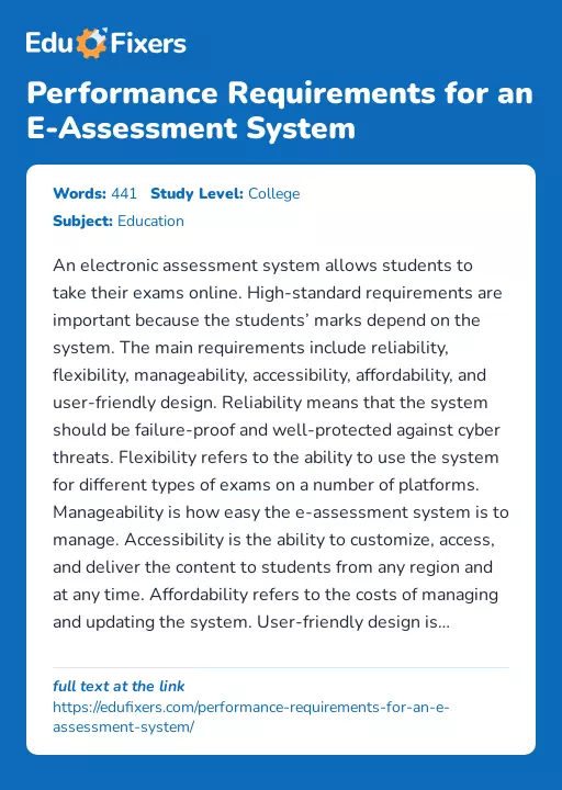 Performance Requirements for an E-Assessment System - Essay Preview