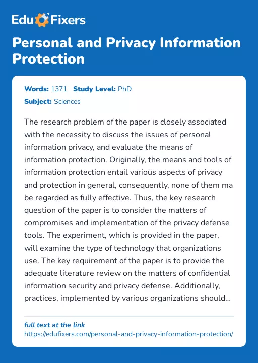 Personal and Privacy Information Protection - Essay Preview