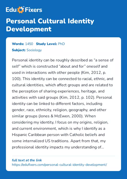 Personal Cultural Identity Development - Essay Preview