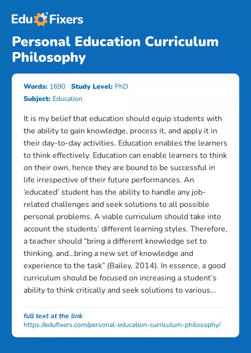 Personal Education Curriculum Philosophy - Essay Preview