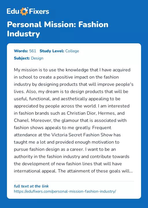 Personal Mission: Fashion Industry - Essay Preview
