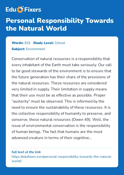 Personal Responsibility Towards the Natural World - Essay Preview