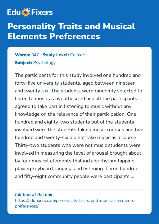 Personality Traits and Musical Elements Preferences - Essay Preview