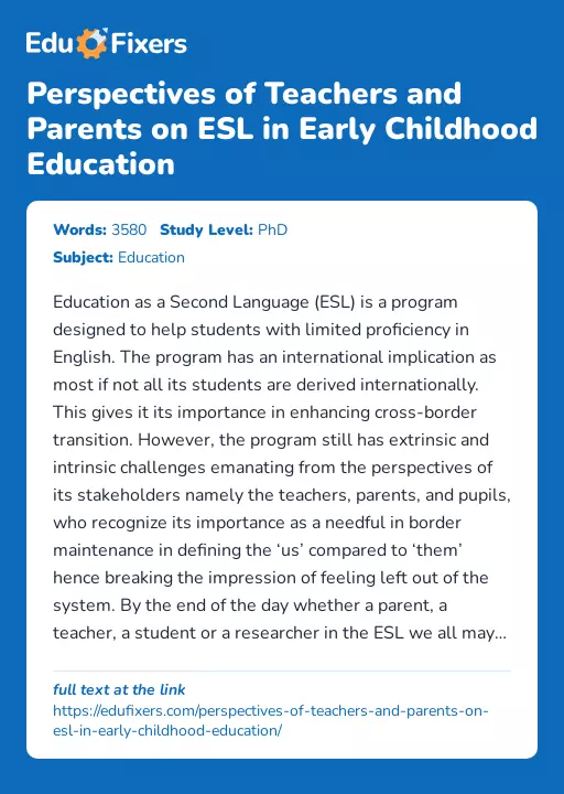 Perspectives of Teachers and Parents on ESL in Early Childhood Education - Essay Preview