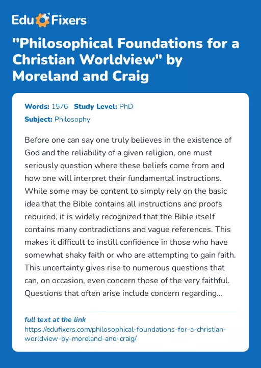 "Philosophical Foundations for a Christian Worldview" by Moreland and Craig - Essay Preview