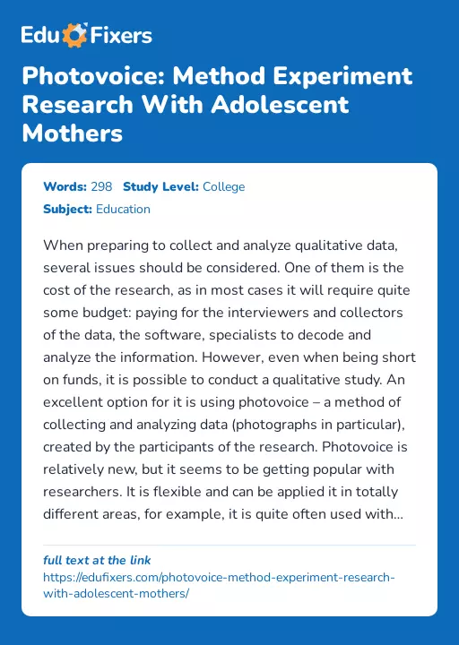 Photovoice: Method Experiment Research With Adolescent Mothers - Essay Preview