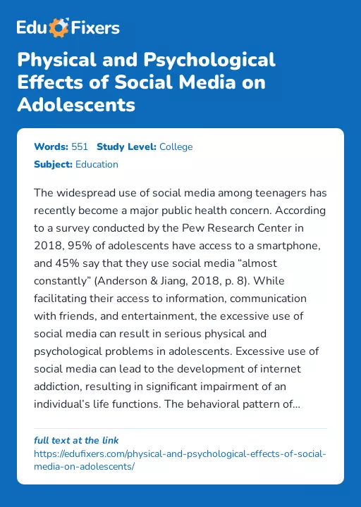 Physical and Psychological Effects of Social Media on Adolescents - Essay Preview