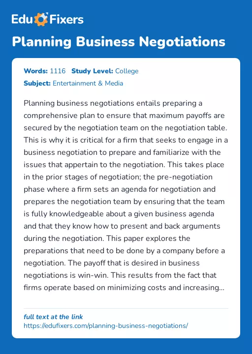 Planning Business Negotiations - Essay Preview