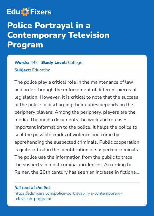 Police Portrayal in a Contemporary Television Program - Essay Preview