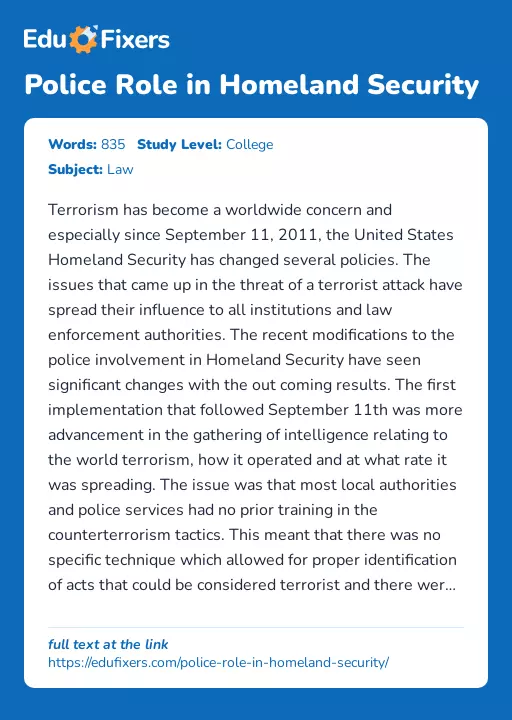 Police Role in Homeland Security - Essay Preview