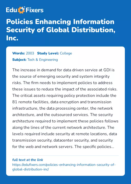 Policies Enhancing Information Security of Global Distribution, Inc. - Essay Preview