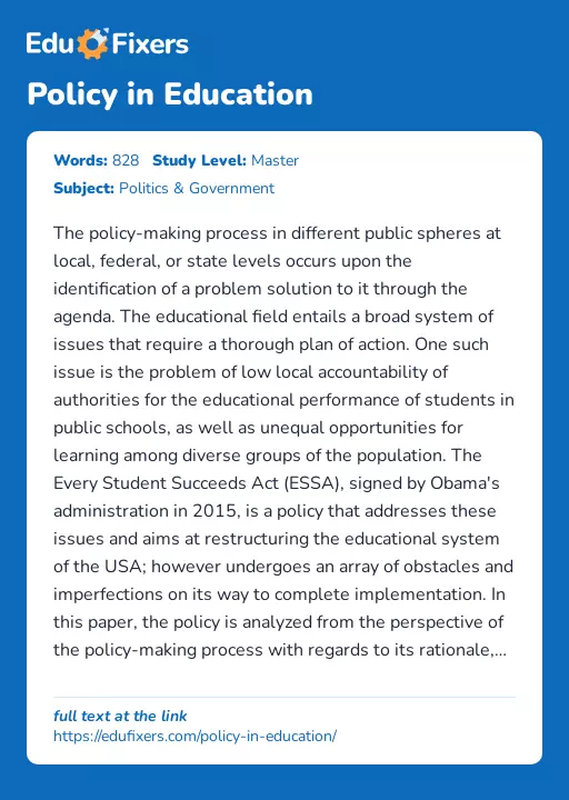 Policy in Education - Essay Preview