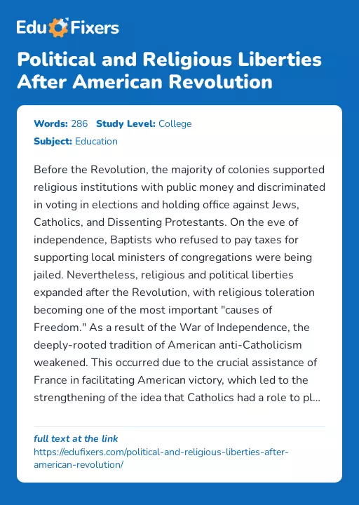 Political and Religious Liberties After American Revolution - Essay Preview