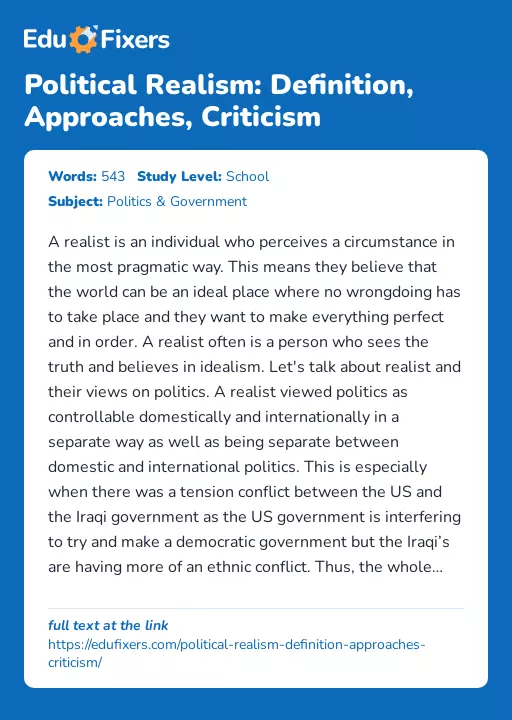 Political Realism: Definition, Approaches, Criticism - Essay Preview