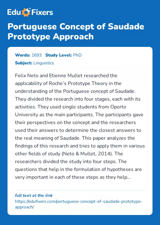 Portuguese Concept of Saudade Prototype Approach - Essay Preview