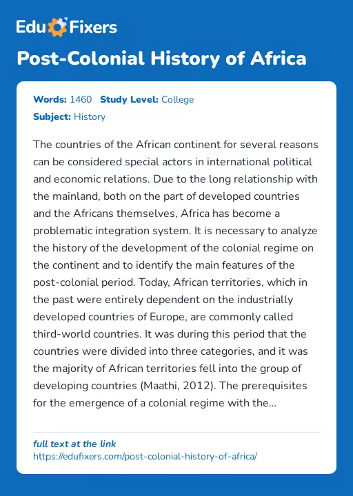 Post-Colonial History of Africa - Essay Preview