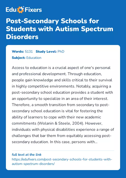 Post-Secondary Schools for Students with Autism Spectrum Disorders - Essay Preview