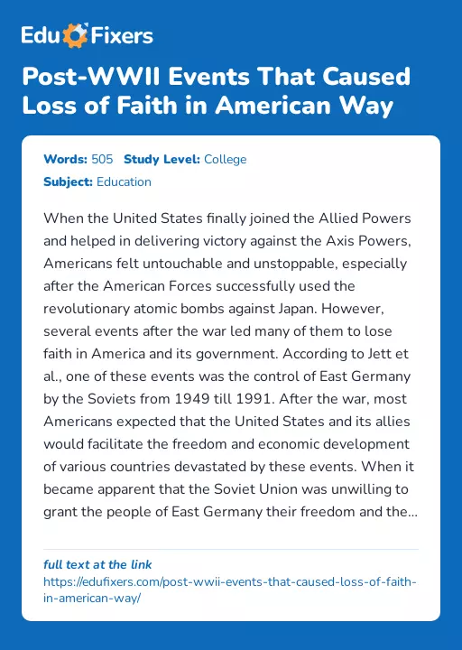Post-WWII Events That Caused Loss of Faith in American Way - Essay Preview