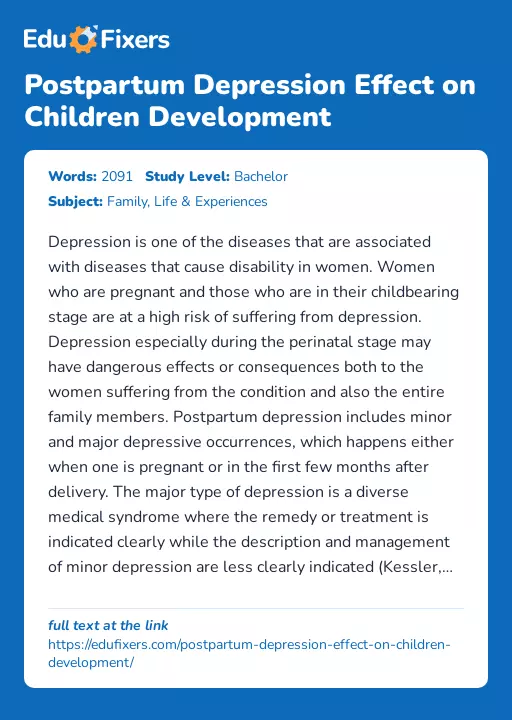 Postpartum Depression Effect on Children Development - Essay Preview