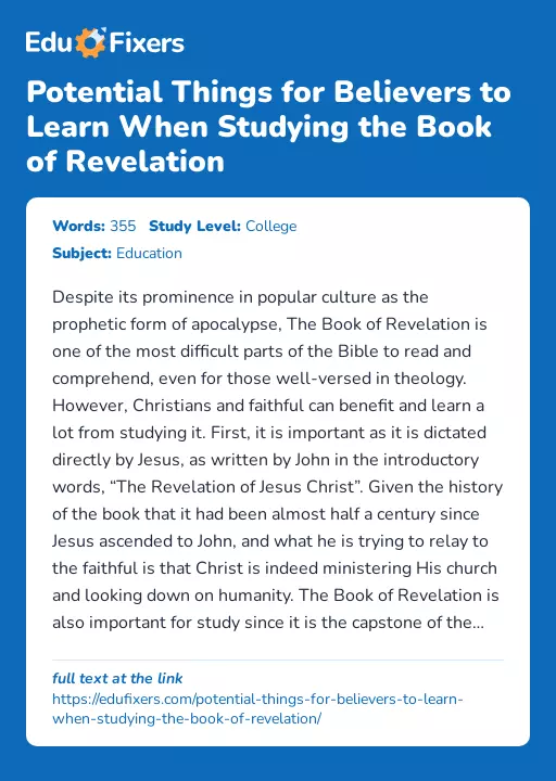 Potential Things for Believers to Learn When Studying the Book of Revelation - Essay Preview