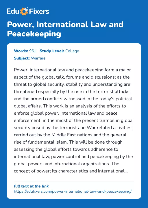 Power, International Law and Peacekeeping - Essay Preview