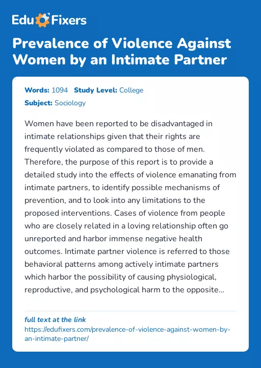 Prevalence of Violence Against Women by an Intimate Partner - Essay Preview