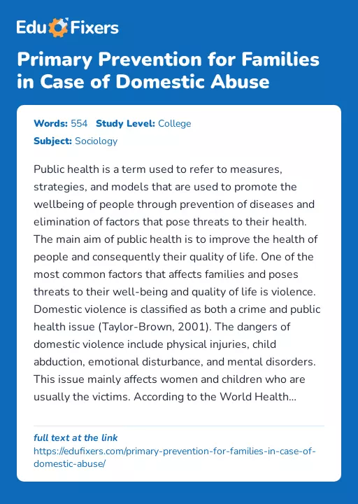 Primary Prevention for Families in Case of Domestic Abuse - Essay Preview