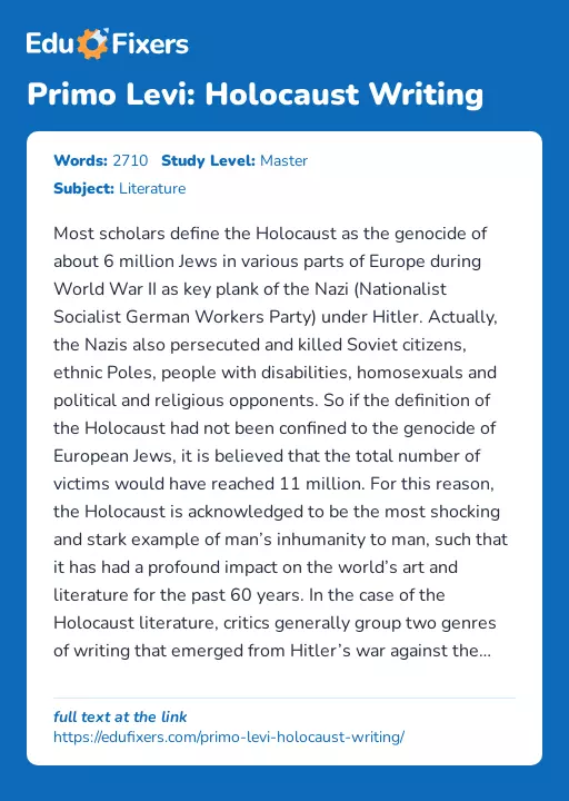 Primo Levi: Holocaust Writing - Essay Preview