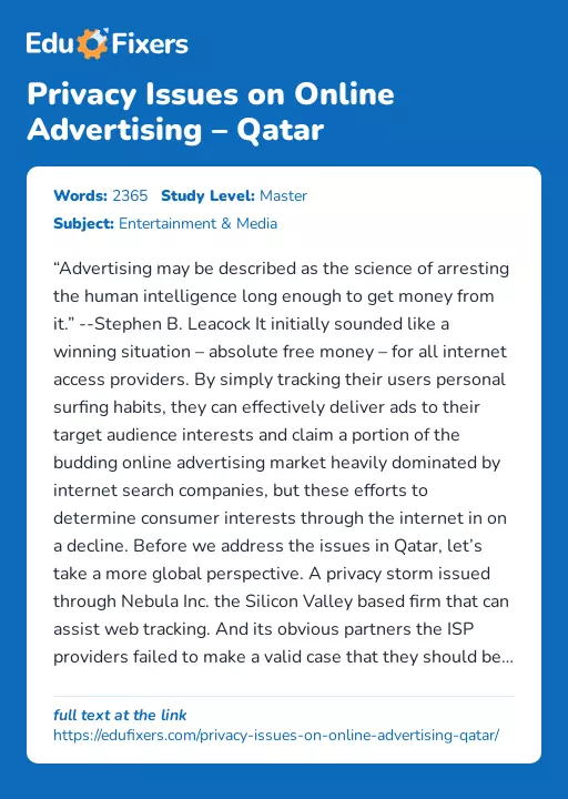 Privacy Issues on Online Advertising – Qatar - Essay Preview