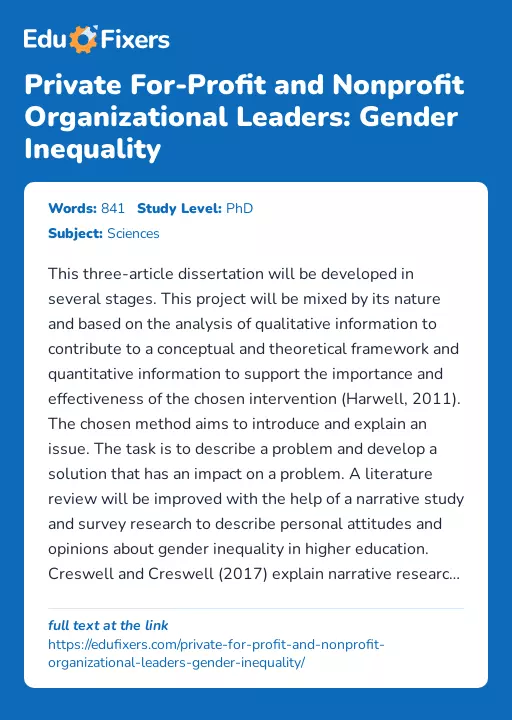 Private For-Profit and Nonprofit Organizational Leaders: Gender Inequality - Essay Preview