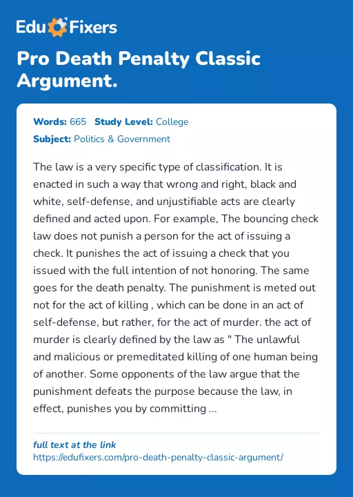Pro Death Penalty Classic Argument. - Essay Preview