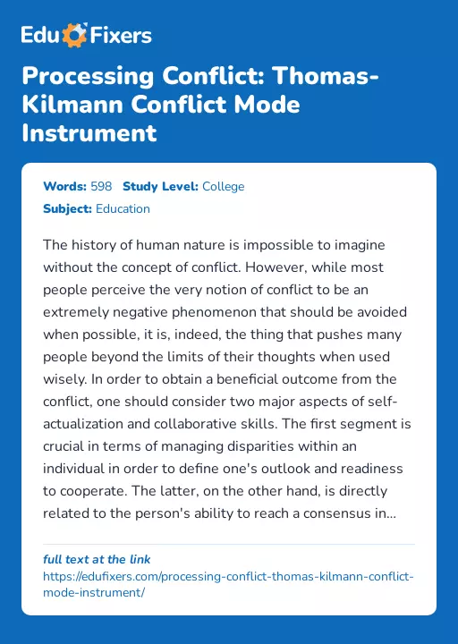 Processing Conflict: Thomas-Kilmann Conflict Mode Instrument - Essay Preview