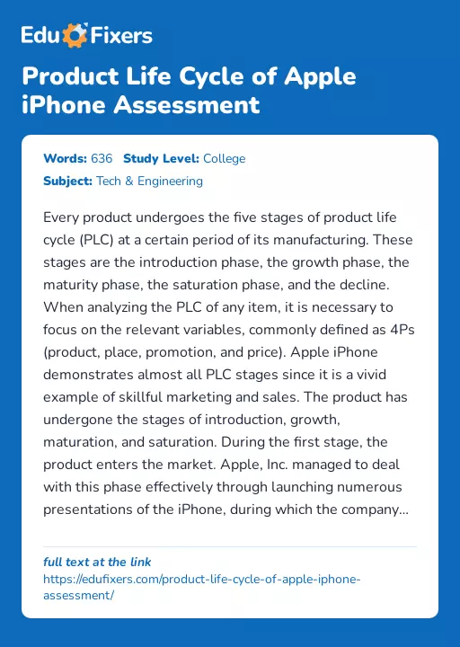 Product Life Cycle of Apple iPhone Assessment - Essay Preview