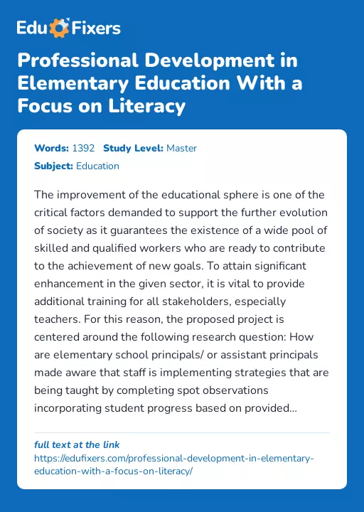 Professional Development in Elementary Education With a Focus on Literacy - Essay Preview