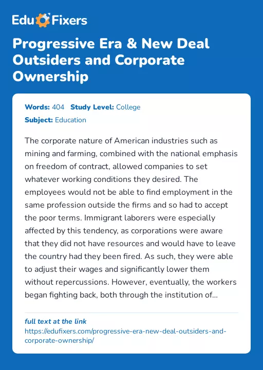 Progressive Era & New Deal Outsiders and Corporate Ownership - Essay Preview