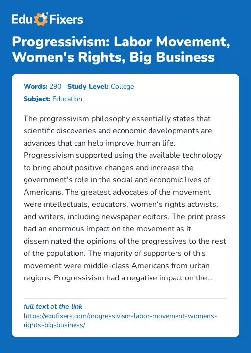 Progressivism: Labor Movement, Women's Rights, Big Business - Essay Preview