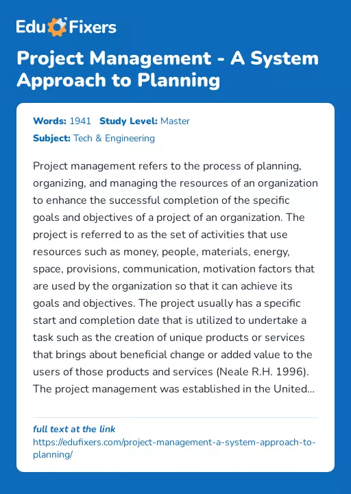 Project Management - A System Approach to Planning - Essay Preview