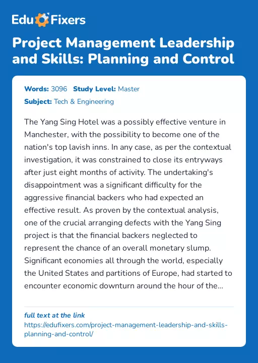 Project Management Leadership and Skills: Planning and Control - Essay Preview