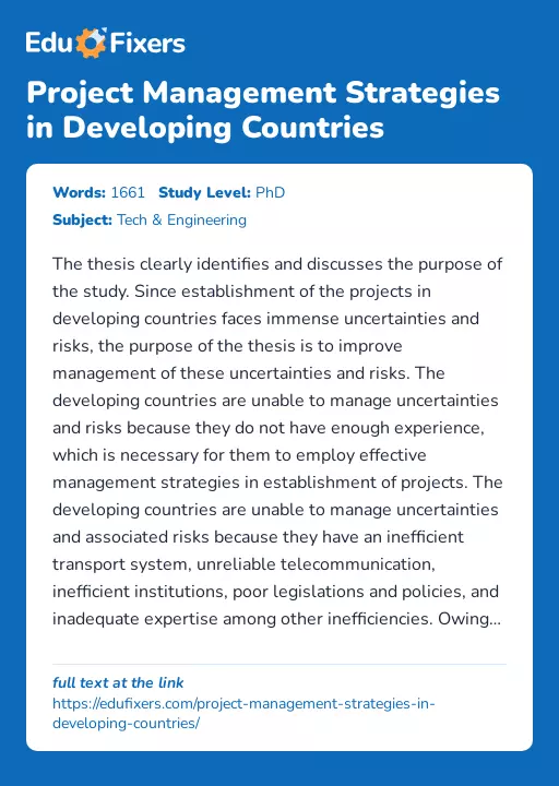 Project Management Strategies in Developing Countries - Essay Preview
