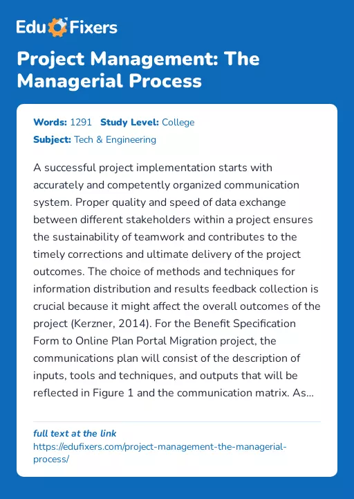 Project Management: The Managerial Process - Essay Preview