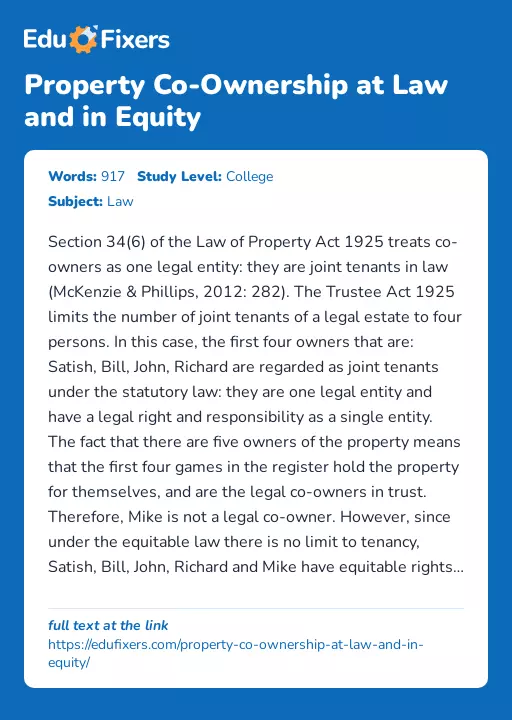 Property Co-Ownership at Law and in Equity - Essay Preview