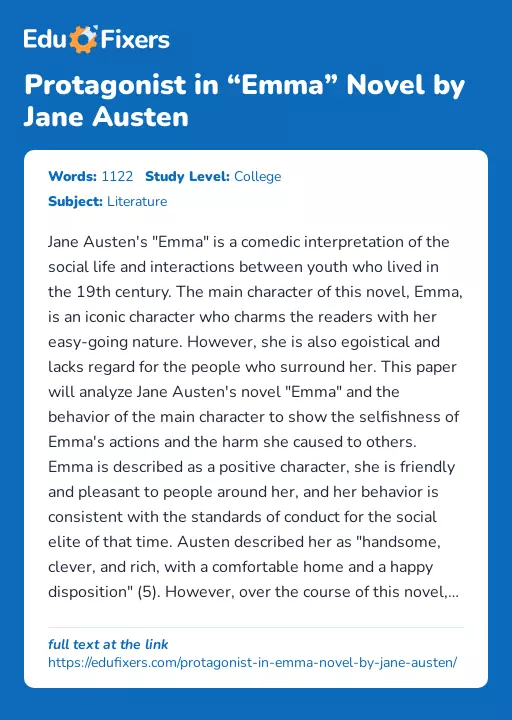 Protagonist in “Emma” Novel by Jane Austen - Essay Preview