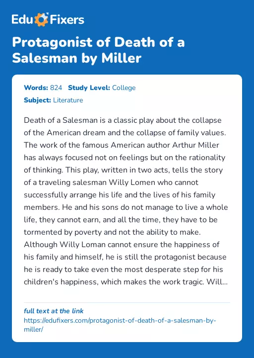 Protagonist of Death of a Salesman by Miller - Essay Preview