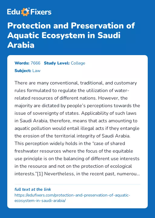 Protection and Preservation of Aquatic Ecosystem in Saudi Arabia - Essay Preview