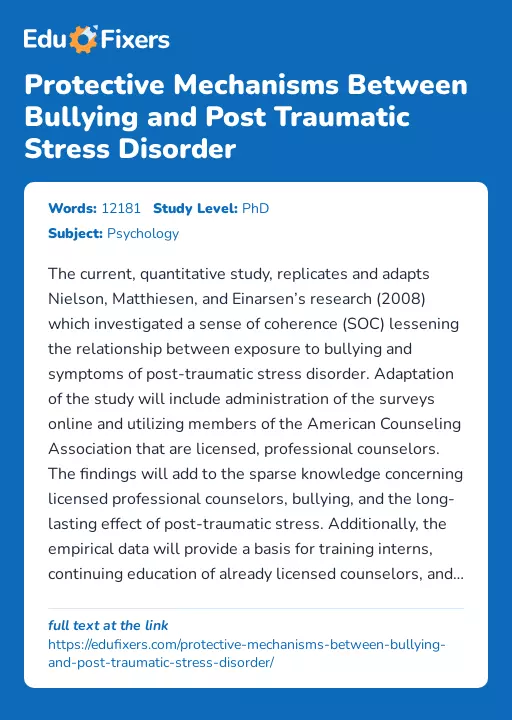 Protective Mechanisms Between Bullying and Post Traumatic Stress Disorder - Essay Preview