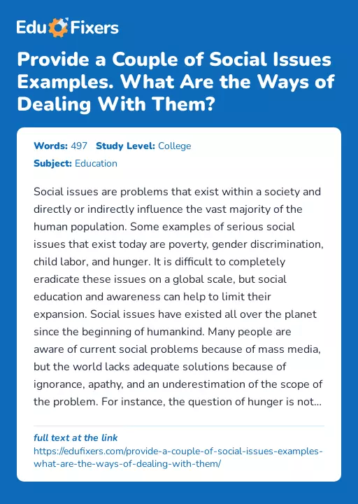 Provide a Couple of Social Issues Examples. What Are the Ways of Dealing With Them? - Essay Preview