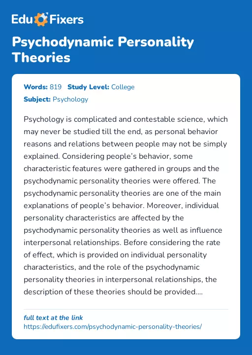 Psychodynamic Personality Theories - Essay Preview