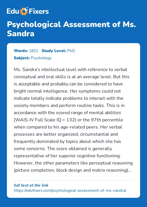 Psychological Assessment of Ms. Sandra - Essay Preview